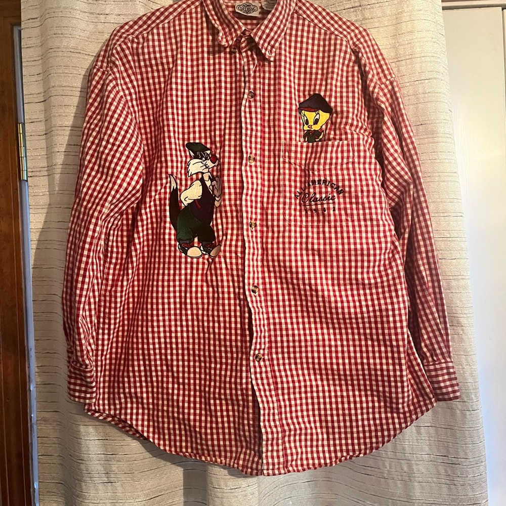Vintage ACME Red Gingham Tweety Bird and Sylvester Button Down Shirt Size L